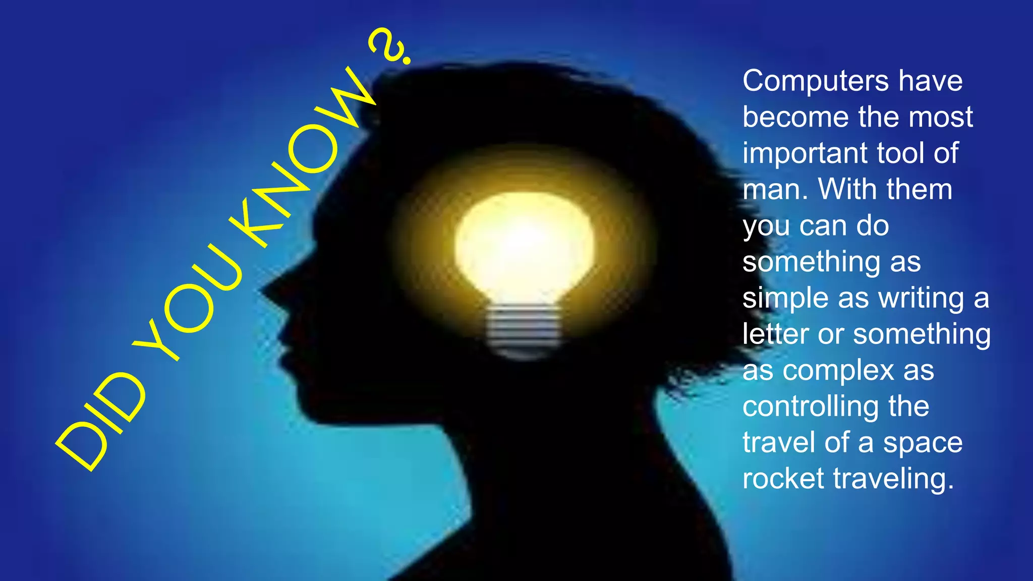 Computers have
become the most
important tool of
man. With them
you can do
something as
simple as writing a
letter or something
as complex as
controlling the
travel of a space
rocket traveling.
 