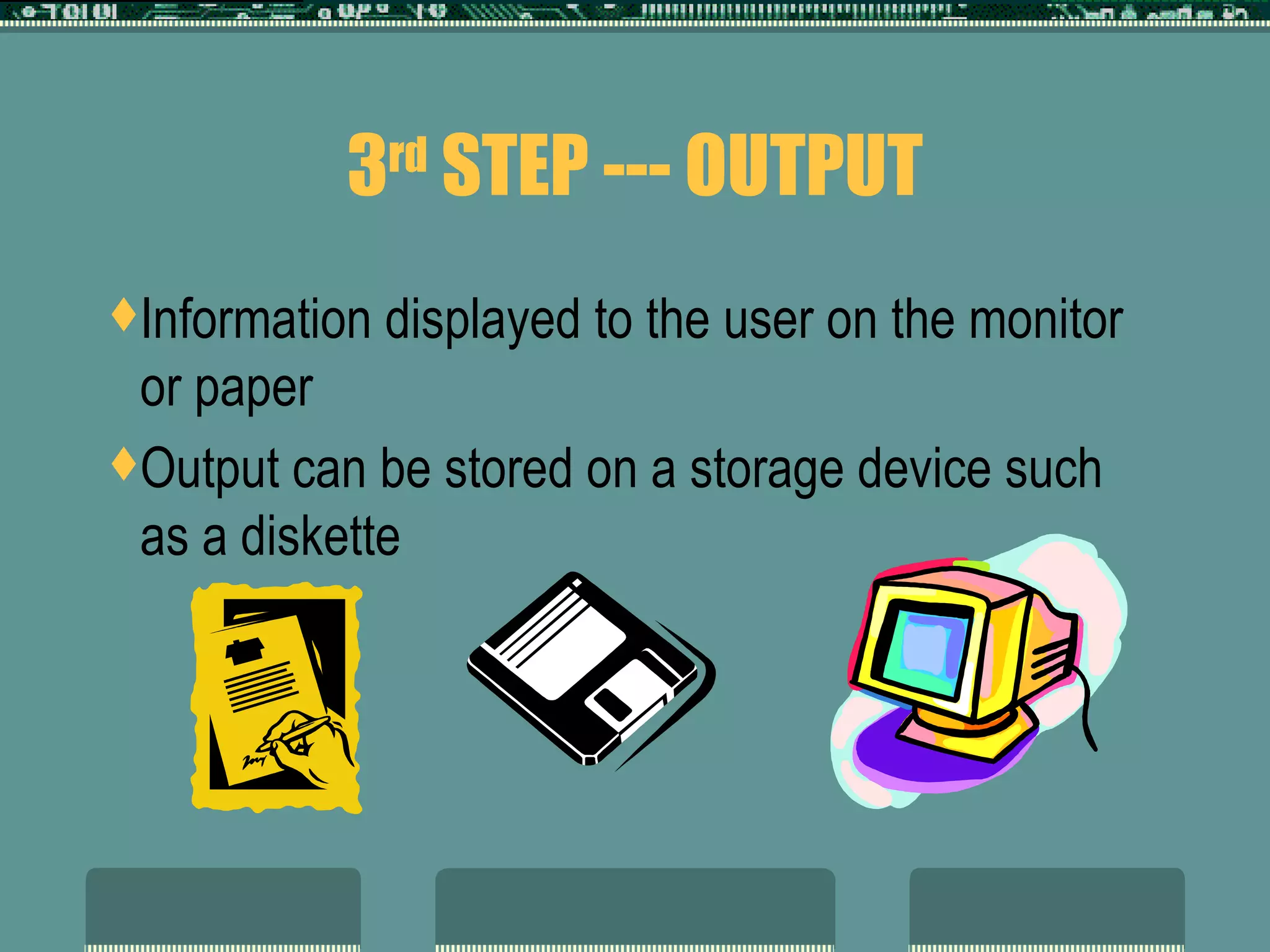 3 rd  STEP --- OUTPUT Information displayed to the user on the monitor or paper Output can be stored on a storage device such as a diskette 