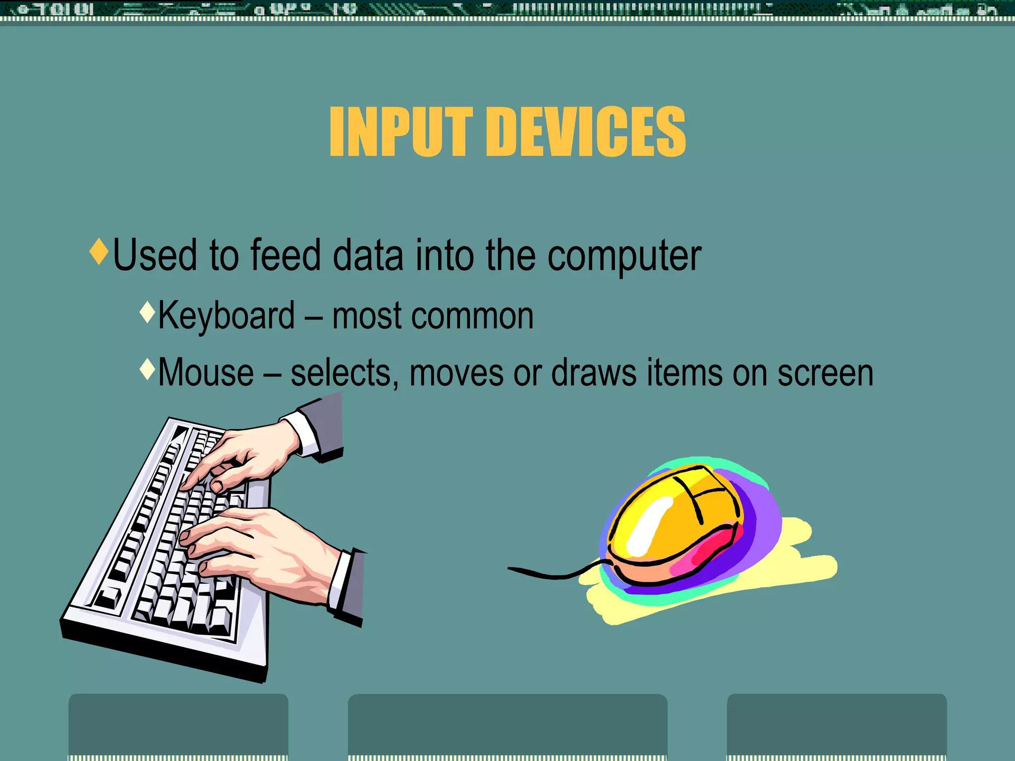 INPUT DEVICES Used to feed data into the computer Keyboard – most common Mouse – selects, moves or draws items on screen  