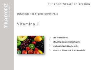 •   anti radicali liberi

•   attiva la produzione di collagene

•   migliora l'elasticità della pelle

•   stimola la formazione di nuove cellule
 