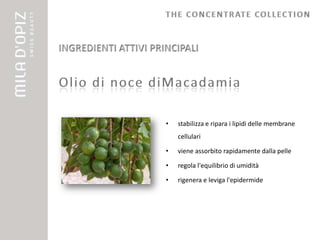 •   stabilizza e ripara i lipidi delle membrane
    cellulari

•   viene assorbito rapidamente dalla pelle

•   regola l'equilibrio di umidità

•   rigenera e leviga l'epidermide
 