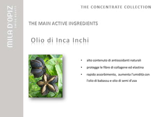 •   alto contenuto di antiossidanti naturali

•   protegge le fibre di collagene ed elastina

•   rapido assorbimento, aumenta l'umidità con
    l'olio di babassu e olio di semi d'uva
 