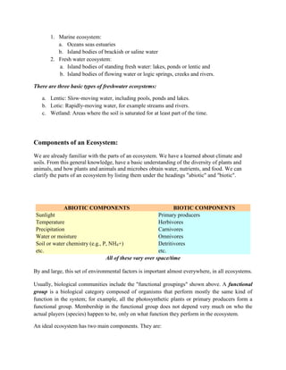 1. Marine ecosystem:
          a. Oceans seas estuaries
          b. Island bodies of brackish or saline water
       2. Fresh water ecosystem:
          a. Island bodies of standing fresh water: lakes, ponds or lentic and
          b. Island bodies of flowing water or logic springs, creeks and rivers.

There are three basic types of freshwater ecosystems:

   a. Lentic: Slow-moving water, including pools, ponds and lakes.
   b. Lotic: Rapidly-moving water, for example streams and rivers.
   c. Wetland: Areas where the soil is saturated for at least part of the time.




Components of an Ecosystem:
We are already familiar with the parts of an ecosystem. We have a learned about climate and
soils. From this general knowledge, have a basic understanding of the diversity of plants and
animals, and how plants and animals and microbes obtain water, nutrients, and food. We can
clarify the parts of an ecosystem by listing them under the headings "abiotic" and "biotic".




              ABIOTIC COMPONENTS                                BIOTIC COMPONENTS
 Sunlight                                                Primary producers
 Temperature                                             Herbivores
 Precipitation                                           Carnivores
 Water or moisture                                       Omnivores
 Soil or water chemistry (e.g., P, NH4+)                 Detritivores
 etc.                                                    etc.
                                 All of these vary over space/time

By and large, this set of environmental factors is important almost everywhere, in all ecosystems.

Usually, biological communities include the "functional groupings" shown above. A functional
group is a biological category composed of organisms that perform mostly the same kind of
function in the system; for example, all the photosynthetic plants or primary producers form a
functional group. Membership in the functional group does not depend very much on who the
actual players (species) happen to be, only on what function they perform in the ecosystem.

An ideal ecosystem has two main components. They are:
 