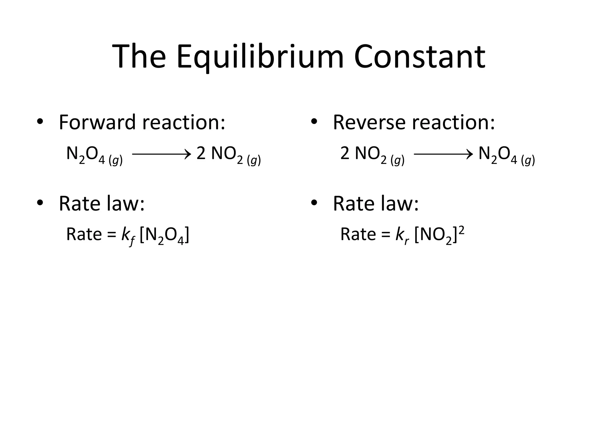 The Equilibrium ConstantForward reaction:N2O4 (g) 2 NO2 (g)Rate law:Rate = kf [N2O4]Reverse reaction:2 NO2 (g) N2O4 (g)Rate law:Rate = kr [NO2]2