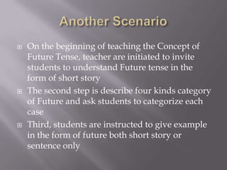 





On the beginning of teaching the Concept of
Future Tense, teacher are initiated to invite
students to understand Future tense in the
form of short story
The second step is describe four kinds category
of Future and ask students to categorize each
case
Third, students are instructed to give example
in the form of future both short story or
sentence only

 