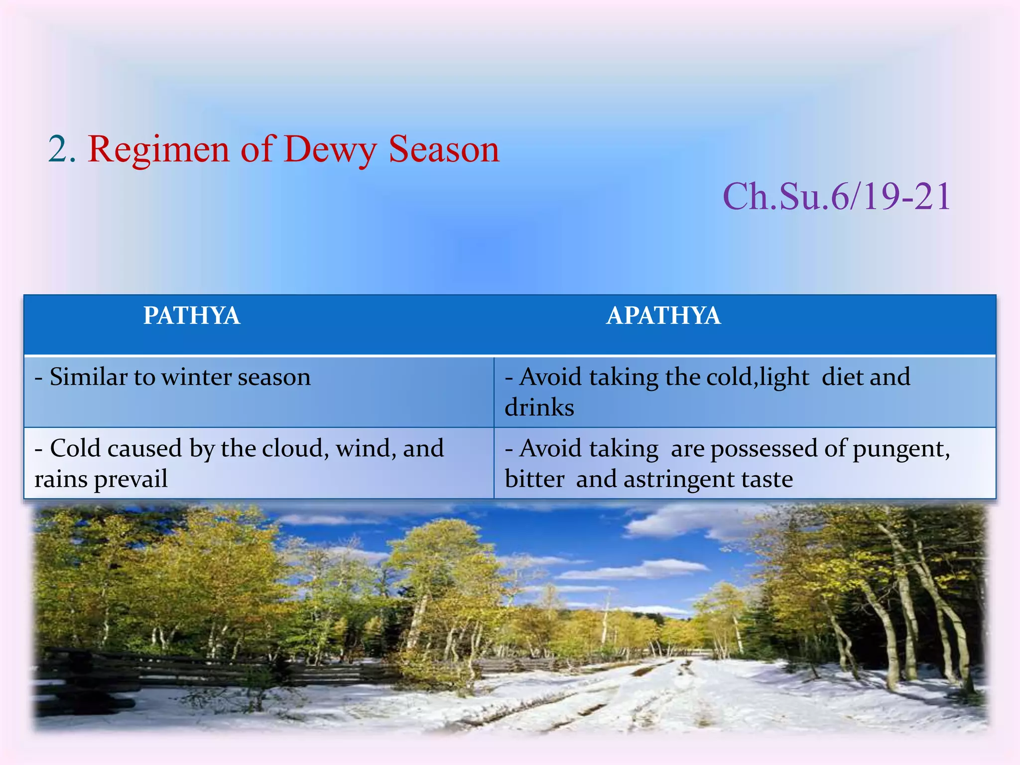 2. Regimen of Dewy Season 
Ch.Su.6/19-21 
PATHYA APATHYA 
- Similar to winter season - Avoid taking the cold,light diet and 
drinks 
- Cold caused by the cloud, wind, and 
rains prevail 
- Avoid taking are possessed of pungent, 
bitter and astringent taste 
 
