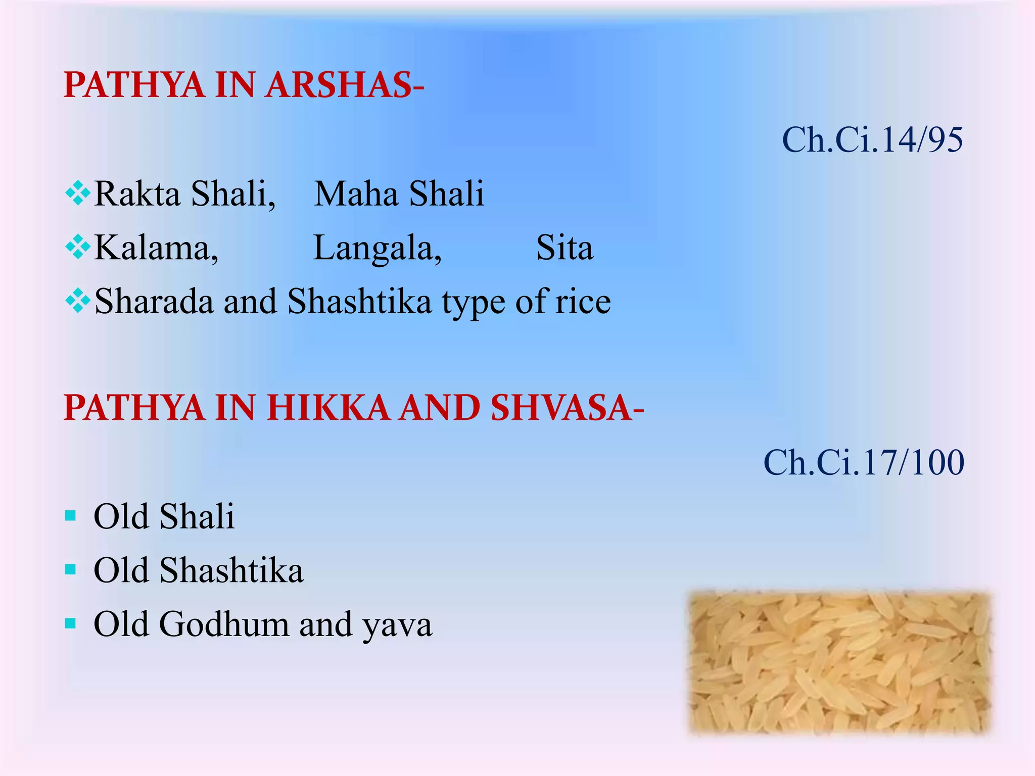 PATHYA IN ARSHAS-Ch. 
Ci.14/95 
Rakta Shali, Maha Shali 
Kalama, Langala, Sita 
Sharada and Shashtika type of rice 
PATHYA IN HIKKA AND SHVASA-Ch. 
Ci.17/100 
 Old Shali 
 Old Shashtika 
 Old Godhum and yava 
 
