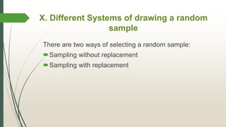X. Different Systems of drawing a random
sample
There are two ways of selecting a random sample:
Sampling without replacement
Sampling with replacement
 