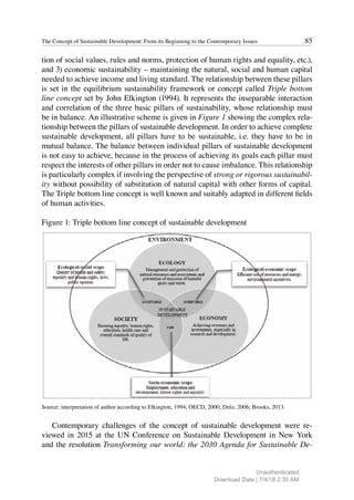 85
The Concept of Sustainable Development: From its Beginning to the Contemporary Issues
tion of social values, rules and norms, protection of human rights and equality, etc.),
and 3) economic sustainability – maintaining the natural, social and human capital
needed to achieve income and living standard. The relationship between these pillars
is set in the equilibrium sustainability framework or concept called Triple bottom
line concept set by John Elkington (1994). It represents the inseparable interaction
and correlation of the three basic pillars of sustainability, whose relationship must
be in balance. An illustrative scheme is given in Figure 1 showing the complex rela-
tionship between the pillars of sustainable development. In order to achieve complete
sustainable development, all pillars have to be sustainable, i.e. they have to be in
mutual balance. The balance between individual pillars of sustainable development
is not easy to achieve, because in the process of achieving its goals each pillar must
respect the interests of other pillars in order not to cause imbalance. This relationship
is particularly complex if involving the perspective of strong or rigorous sustainabil-
ity without possibility of substitution of natural capital with other forms of capital.
The Triple bottom line concept is well known and suitably adapted in different fields
of human activities.
Figure 1: Triple bottom line concept of sustainable development
Source: interpretation of author according to Elkington, 1994; OECD, 2000; Dréo, 2006; Brooks, 2013.
Contemporary challenges of the concept of sustainable development were re-
viewed in 2015 at the UN Conference on Sustainable Development in New York
and the resolution Transforming our world: the 2030 Agenda for Sustainable De-
sustainable development requires the achievement of: 1) ecological sustainability
the quality of the environment needed for economic activities and quality of life (e
protection, reduced emissions of pollutants, rational use of resources, etc
sustainability – preservation of society and cultural identity, respect of cultural d
and religion, preservation of social values, rules and norms, protection of hum
equality, etc.), and 3) economic sustainability – maintaining the natural, socia
capital needed to achieve income and living standard. The relationship between t
set in the equilibrium sustainability framework or concept called Triple bottom lin
by John Elkington (1994). It represents the inseparable interaction and correlatio
basic pillars of sustainability, whose relationship must be in balance. An illustrat
given in Figure 1 showing the complex relationship between the pillars o
development. In order to achieve complete sustainable development, all pilla
sustainable, i.e. they have to be in mutual balance. The balance between individ
sustainable development is not easy to achieve, because in the process of achie
each pillar must respect the interests of other pillars in order not to cause im
relationship is particularly complex if involving the perspective of strong
sustainability without possibility of substitution of natural capital with other for
The Triple bottom line concept is well known and suitably adapted in different fi
activities.
Figure 1: Triple bottom line concept of sustainable development
Unauthenticated
Download Date | 7/4/18 2:35 AM
 