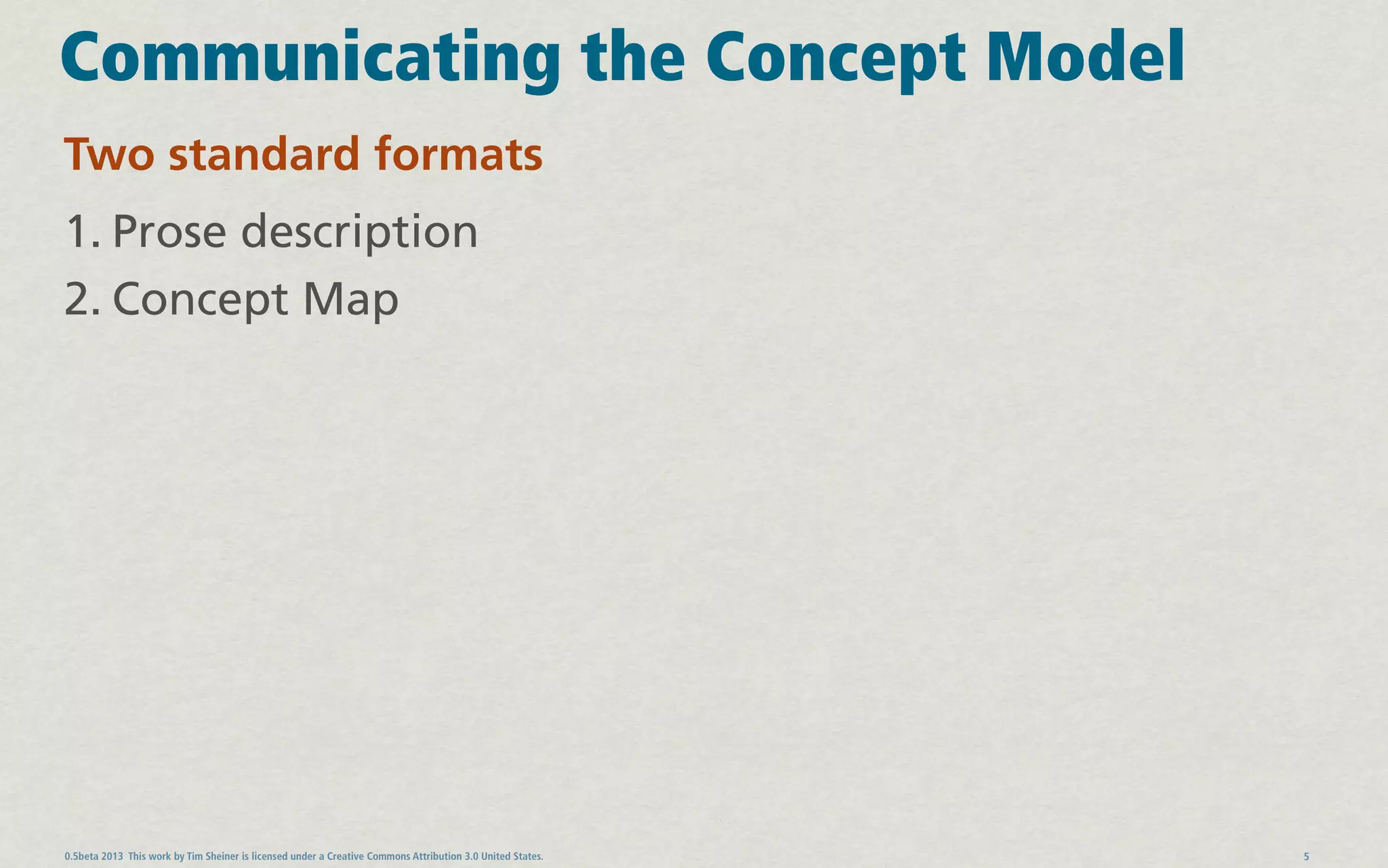 Communicating the Concept Model
Two standard formats
1. Prose description
2. Concept Map




0.5beta 2013 This work by Tim Sheiner is licensed under a Creative Commons Attribution 3.0 United States.   5
 