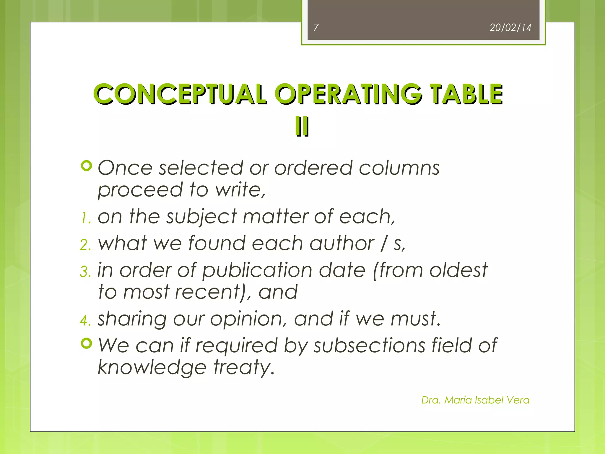 7

20/02/14

CONCEPTUAL OPERATING TABLE
II
 Once

selected or ordered columns
proceed to write,
1. on the subject matter of each,
2. what we found each author / s,
3. in order of publication date (from oldest
to most recent), and
4. sharing our opinion, and if we must.
 We can if required by subsections field of
knowledge treaty.
Dra. María Isabel Vera

 