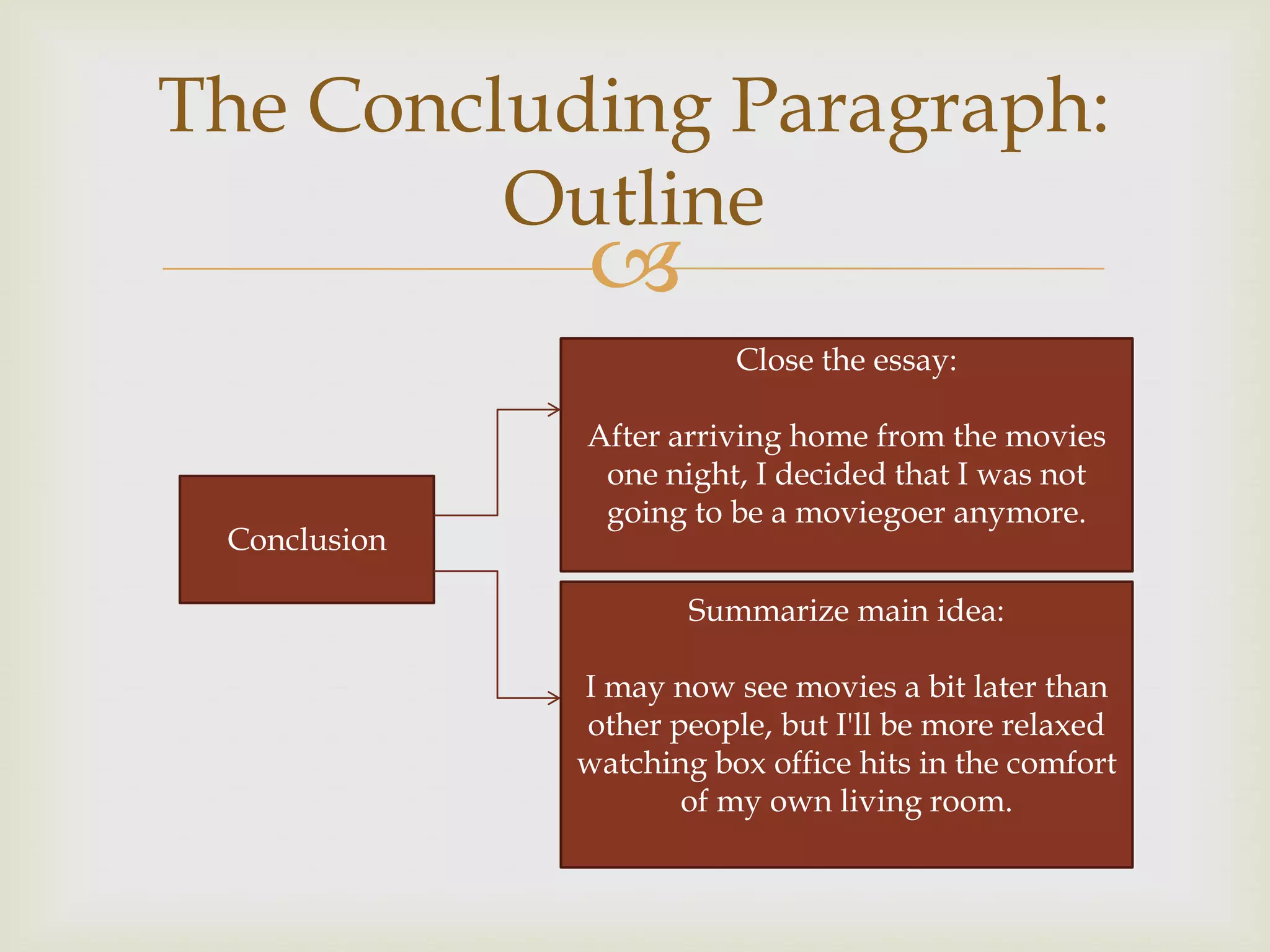 The Concluding Paragraph:
         Outline
              
                         Close the essay:

              After arriving home from the movies
               one night, I decided that I was not
               going to be a moviegoer anymore.
 Conclusion

                      Summarize main idea:

              I may now see movies a bit later than
              other people, but I'll be more relaxed
              watching box office hits in the comfort
                     of my own living room.
 