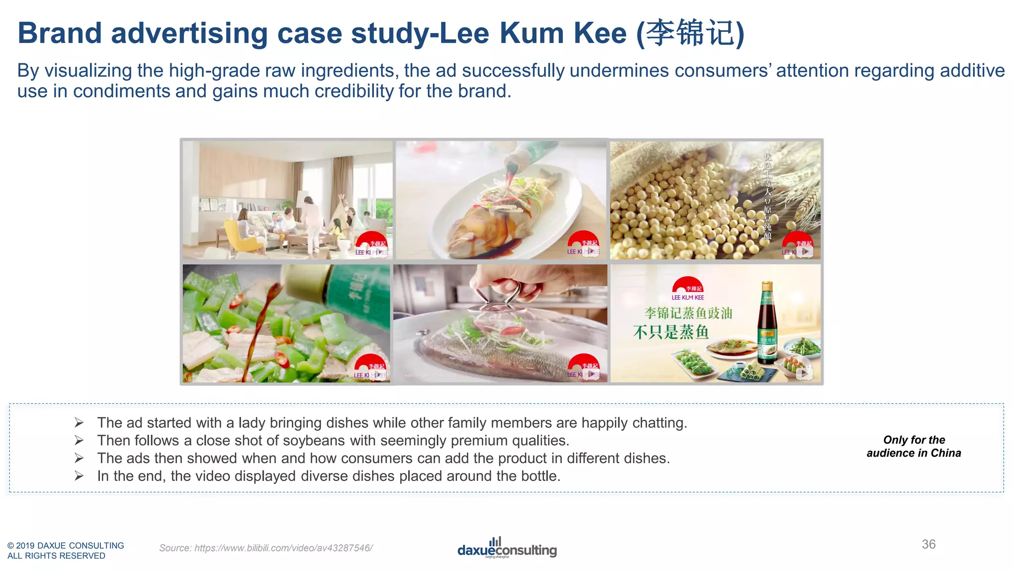 © 2019 DAXUE CONSULTING
ALL RIGHTS RESERVED
Brand advertising case study-Lee Kum Kee (李锦记)
 The ad started with a lady bringing dishes while other family members are happily chatting.
 Then follows a close shot of soybeans with seemingly premium qualities.
 The ads then showed when and how consumers can add the product in different dishes.
 In the end, the video displayed diverse dishes placed around the bottle.
36
Only for the
audience in China
By visualizing the high-grade raw ingredients, the ad successfully undermines consumers’ attention regarding additive
use in condiments and gains much credibility for the brand.
Source: https://www.bilibili.com/video/av43287546/
 