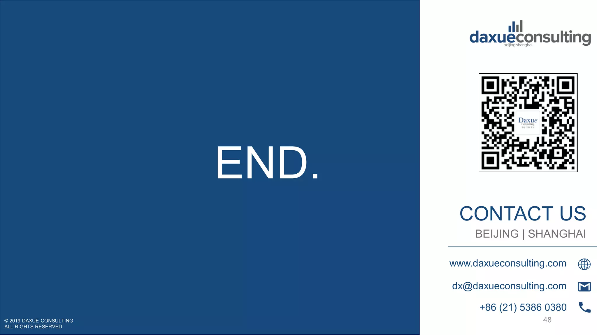 © 2019 DAXUE CONSULTING
ALL RIGHTS RESERVED
© 2019 DAXUE CONSULTING
ALL RIGHTS RESERVED
CONTACT US
dx@daxueconsulting.com
www.daxueconsulting.com
+86 (21) 5386 0380
BEIJING | SHANGHAI
END.
48
 