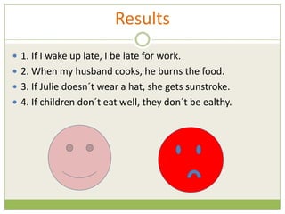 Results
 1. If I wake up late, I be late for work.
 2. When my husband cooks, he burns the food.
 3. If Julie doesn´t wear a hat, she gets sunstroke.
 4. If children don´t eat well, they don´t be ealthy.
 