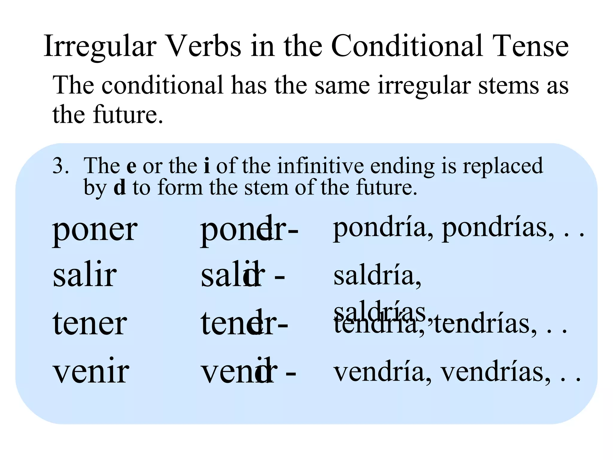 id
ten
3. The e or the i of the infinitive ending is replaced
by d to form the stem of the future.
poner
salir
pon
sal
er
ir
- pondría, pondrías, . .
- saldría,
saldrías, . . .tener er- tendría, tendrías, . .
.venir ven r - vendría, vendrías, . .
d
d
d
Irregular Verbs in the Conditional Tense
The conditional has the same irregular stems as
the future.
 