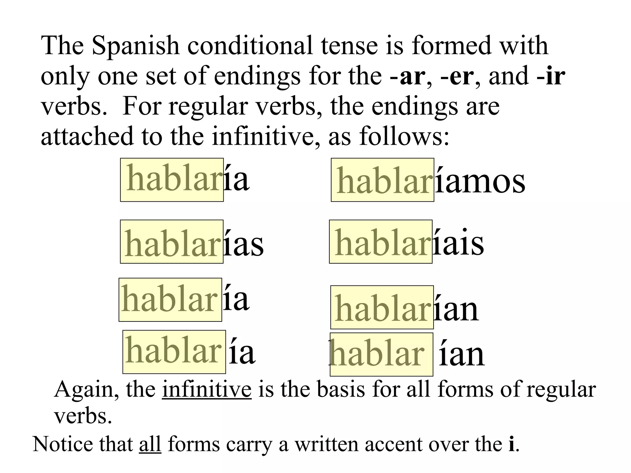 hablar
hablar
hablar
hablar
hablar
hablar
ías
ía
íais
ían
íamos
The Spanish conditional tense is formed with
only one set of endings for the -ar, -er, and -ir
verbs. For regular verbs, the endings are
attached to the infinitive, as follows:
ía
Again, the infinitive is the basis for all forms of regular
verbs.
Notice that all forms carry a written accent over the i.
hablar hablaría ían
 