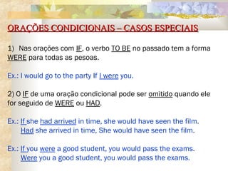 ORAÇÕES CONDICIONAIS – CASOS ESPECIAISORAÇÕES CONDICIONAIS – CASOS ESPECIAIS
1) Nas orações com IF, o verbo TO BE no passado tem a forma
WERE para todas as pesoas.
Ex.: I would go to the party If I were you.
2) O IF de uma oração condicional pode ser omitido quando ele
for seguido de WERE ou HAD.
Ex.: If she had arrived in time, she would have seen the film.
Had she arrived in time, She would have seen the film.
Ex.: If you were a good student, you would pass the exams.
Were you a good student, you would pass the exams.
 