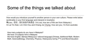 Some of the things we talked about
How many subjects do you have in Malaysia?
We have 10 subjects here in Malaysia
We have English, Bahasa Melayu(our national language),Chinese, Additional Math, Modern
Math, Science(Biology, Chemistry, Physics), History(very boring T^T) and Moral Education
 