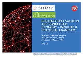 © PA Knowledge Limited 2015
1
SHARE ON GOOGLE+
SHARE BY EMAIL
EMBED
BUILDING DATA VALUE IN
THE CONNECTED
ECONOMY – INSIGHTS &
PRACTICAL EXAMPLES
Prof. Mark Skilton PA Digital,
Warwick Business School
Professor of Practice ISM
July 15
https://www.brighttalk.com/webcast/9059/162741?autoclick=true1
 