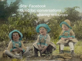 Site: Facebook
Good for: conversations
sharing resources

“Vintage Portrait Picture” by Beverly & Pack http://www.flickr.com/photos/walkadog/3432987002/

 