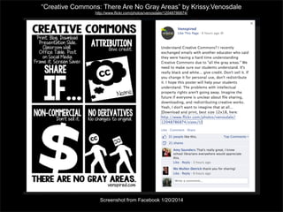 “Creative Commons: There Are No Gray Areas” by Krissy.Venosdale
http://www.flickr.com/photos/venosdale/12048786874/

Screenshot from Facebook 1/20/2014

 