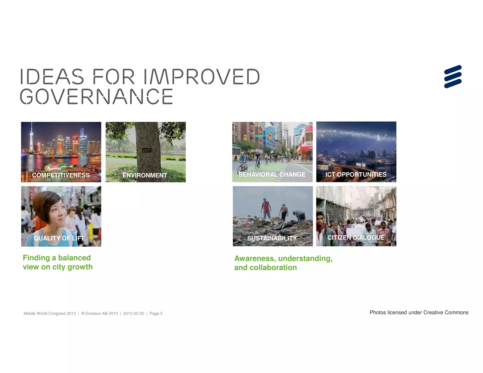 IDEAS FOR IMPROVED
GOVERNANCE


    COMPETITIVENESS                              ENVIRONMENT             BEHAVIORAL CHANGE     ICT OPPORTUNITIES




     QUALITY OF LIFE                                                       SUSTAINABILITY      CITIZEN DIALOGUE


Finding a balanced                                                      Awareness, understanding,
view on city growth                                                     and collaboration




Mobile World Congress 2013 | © Ericsson AB 2013 | 2013-02-25 | Page 5                                      Photos licensed under Creative Commons
 