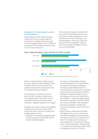 3
Workplace IT is holding back a nation
of early adopters
Superior experiences with digital technology
in personal life are also driving change and
contributing to employee frustrations at work.
For many employees, going to work is likely to be
a step-down from what they have become used
to in their home environment.
The survey asked employees to compare their
work and home technology experiences and
found that on average employees were more
satisfied with their home technology. It was
considered better in three ways: it was more
up-to-date (38% of employees), had faster
internet access (38% of employees) and was
more user-friendly (46%).
Chart ii: Digital technology – home and work (% of those surveyed)
Up to date
User friendly
Fast internet
0	10	20	30	40	50
Source: Stancombe Research & Planning and Deloitte Access Economics, 2013
%
Home Work
However, many businesses struggle to get the
basics right. More than half of employees report
a problem with the internet being too slow,
computers being too slow and assistance from
the IT department being inadequate.
If businesses are to compete in the war for
talent and offer the degree of sophistication
that employees expect, they need to invest in
fundamental infrastructure like fast internet
connections, adequate computers and IT support.
Employees are driving IT change in the workplace.
A Deloitte Access Economics report (2012a)
outlined key trends in the pace of change in the
emerging digital economy:
•	Companies are increasingly integrating mobile
into their businesses as part of both internal
and external digital strategies
•	Consumers are driving change. Meeting
consumer expectations is an important driver
for adoption of technology in businesses.
Businesses surveyed indicated that this is
more important than reducing costs, increasing
revenue and matching competitors’ offerings
•	Employees are gaining familiarity with new
technology as consumers and transfer this to
their workplace – accelerating digital adoption.
This transfer is best seen in the trend of bring-
your own device (BYOD), where employees
bring their own laptop or smartphone to
work and are allowed to connect to the firm’s
IT network
•	Recent Forrester research tells us that 66%
of employees now use two or more devices
every day and employees increasingly expect
to be able to use the same (or at least similar)
tools in the workplace to those they use in
their personal lives. And businesses are taking
notice – 55% of organizations are placing high
or critical priority on supporting a larger number
of smartphones in the next 12 months.
 