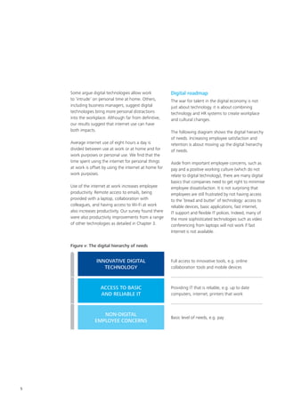 5
Some argue digital technologies allow work
to ‘intrude’ on personal time at home. Others,
including business managers, suggest digital
technologies bring more personal distractions
into the workplace. Although far from definitive,
our results suggest that internet use can have
both impacts.
Average internet use of eight hours a day is
divided between use at work or at home and for
work purposes or personal use. We find that the
time spent using the internet for personal things
at work is offset by using the internet at home for
work purposes.
Use of the internet at work increases employee
productivity. Remote access to emails, being
provided with a laptop, collaboration with
colleagues, and having access to Wi-Fi at work
also increases productivity. Our survey found there
were also productivity improvements from a range
of other technologies as detailed in Chapter 3.
Digital roadmap
The war for talent in the digital economy is not
just about technology, it is about combining
technology and HR systems to create workplace
and cultural changes.
The following diagram shows the digital hierarchy
of needs. Increasing employee satisfaction and
retention is about moving up the digital hierarchy
of needs.
Aside from important employee concerns, such as
pay and a positive working culture (which do not
relate to digital technology), there are many digital
basics that companies need to get right to minimise
employee dissatisfaction. It is not surprising that
employees are still frustrated by not having access
to the ‘bread and butter’ of technology: access to
reliable devices, basic applications, fast internet,
IT support and flexible IT polices. Indeed, many of
the more sophisticated technologies such as video
conferencing from laptops will not work if fast
Internet is not available.
Figure v: The digital hierarchy of needs
INNOVATIVE DIGITAL
TECHNOLOGY
ACCESS TO BASIC
AND RELIABLE IT
NON-DIGITAL
EMPLOYEE CONCERNS
Full access to innovative tools, e.g. online
collaboration tools and mobile devices
Providing IT that is reliable, e.g. up to date
computers, internet, printers that work
Basic level of needs, e.g. pay
 