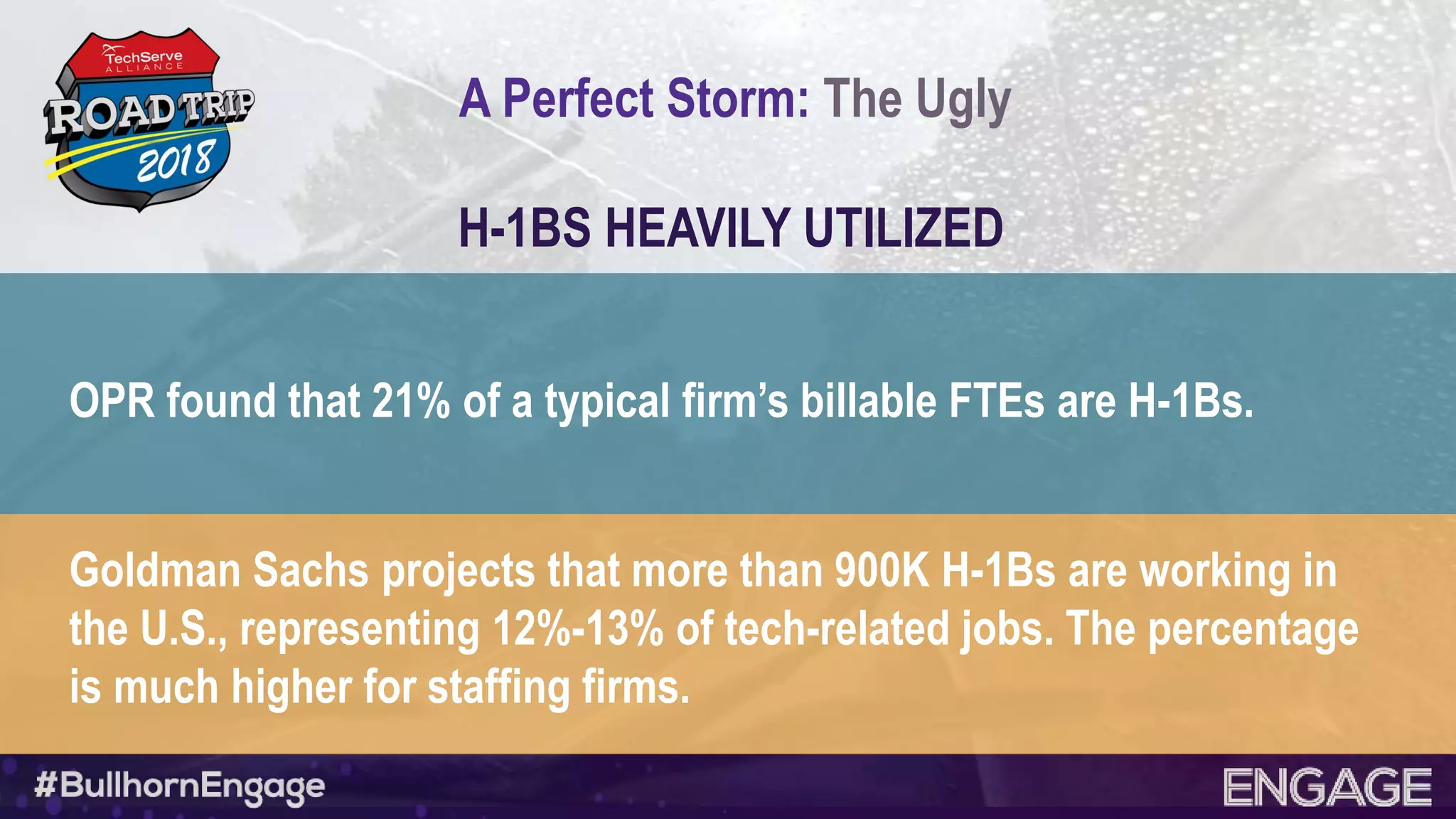 A Perfect Storm: The Ugly
Goldman Sachs projects that more than 900K H-1Bs are working in
the U.S., representing 12%-13% of tech-related jobs. The percentage
is much higher for staffing firms.
H-1BS HEAVILY UTILIZED
OPR found that 21% of a typical firm’s billable FTEs are H-1Bs.
 