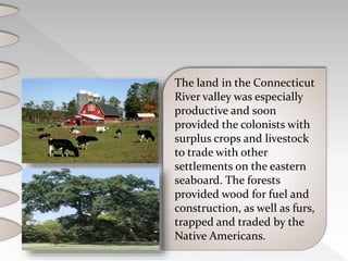 The land in the Connecticut
River valley was especially
productive and soon
provided the colonists with
surplus crops and livestock
to trade with other
settlements on the eastern
seaboard. The forests
provided wood for fuel and
construction, as well as furs,
trapped and traded by the
Native Americans.
 