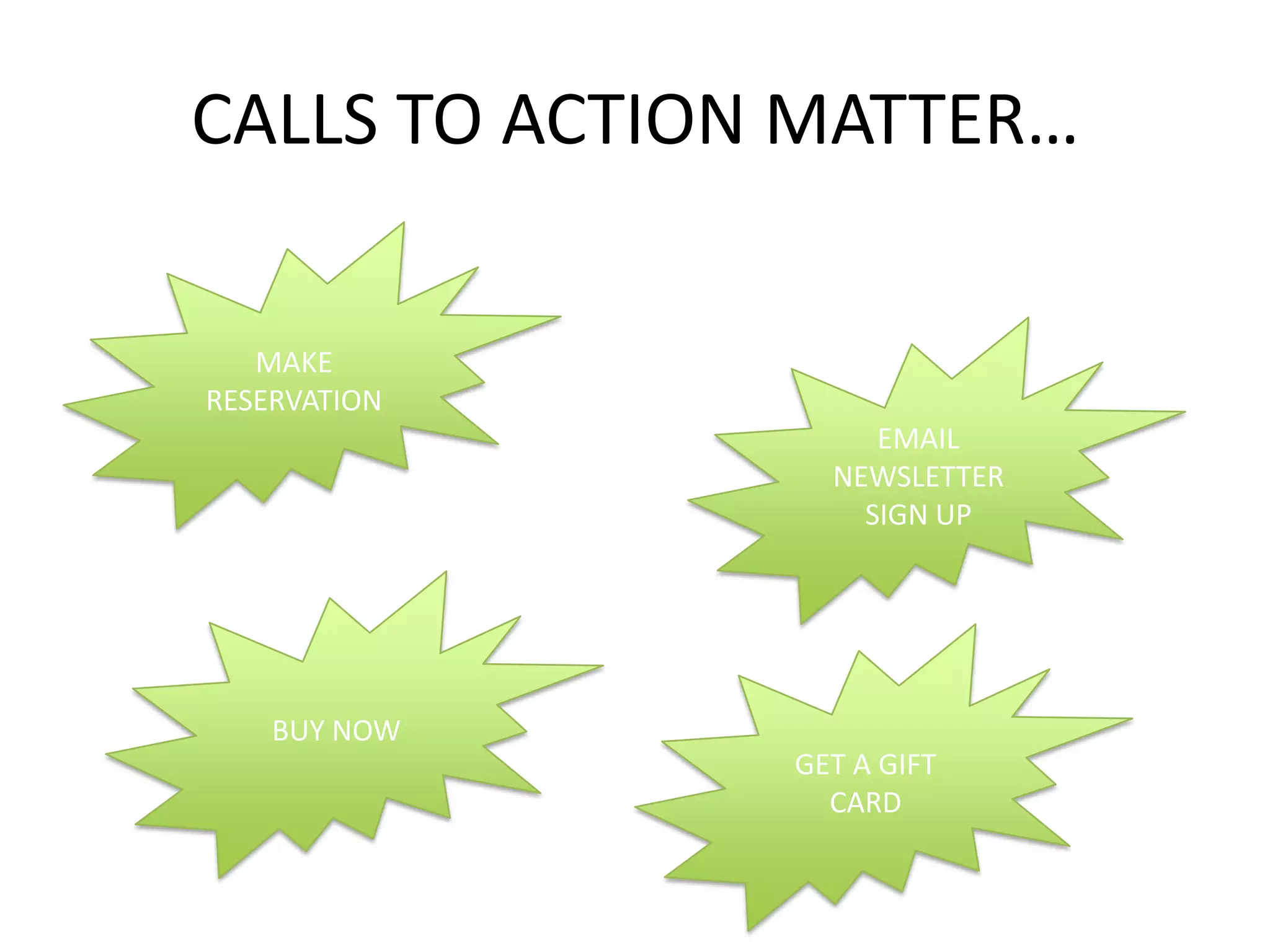 CALLS TO ACTION MATTER… MAKE RESERVATIONEMAIL NEWSLETTER SIGN UPBUY NOWGET A GIFT CARD