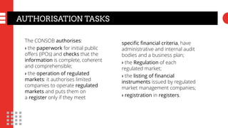 AUTHORISATION TASKS
The CONSOB authorises:
› the paperwork for initial public
offers (IPOs) and checks that the
informatio...