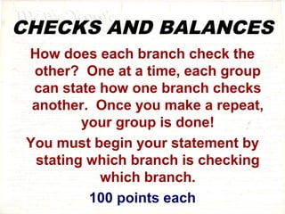CHECKS AND BALANCES 
How does each branch check the 
other? One at a time, each group 
can state how one branch checks 
another. Once you make a repeat, 
your group is done! 
You must begin your statement by 
stating which branch is checking 
which branch. 
100 points each 
 