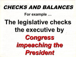 CHECKS AND BALANCES 
For example … 
The legislative checks 
the executive by 
CCoonnggrreessss 
iimmppeeaacchhiinngg tthhee 
PPrreessiiddeenntt 
 