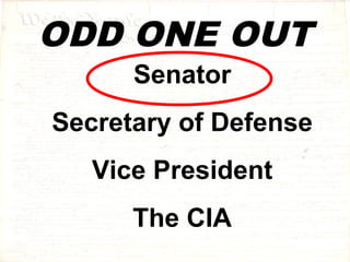 ODD ONE OUT 
Senator 
Secretary of Defense 
Vice President 
The CIA 
 