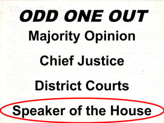 ODD ONE OUT 
Majority Opinion 
Chief Justice 
District Courts 
Speaker of the House 
 