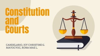 Constitution
and
Courts
CANDELARIO, JOY CHRISTINE G.
MAYOCYOC, RONA MAE L.
 