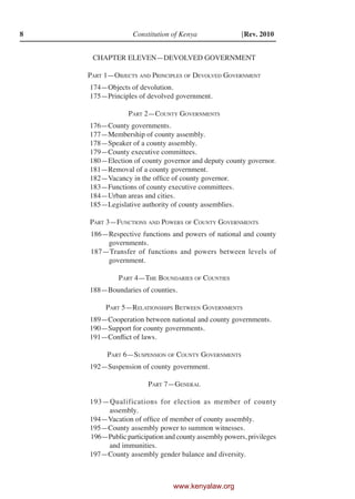 8                 Constitution of Kenya                [Rev. 2010


     CHAPTER ELEVEN—DEVOLVED GOVERNMENT

    Part 1—Ob...