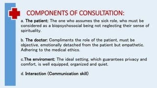 COMPONENTS OF CONSULTATION:
a. The patient: The one who assumes the sick role, who must be
considered as a biopsychosocial being not neglecting their sense of
spirituality.
b. The doctor: Compliments the role of the patient, must be
objective, emotionally detached from the patient but empathetic.
Adhering to the medical ethics.
c.The enviroment: The ideal setting, which guarantees privacy and
comfort, is well equipped, organized and quiet.
d. Interaction (Communication skill)
 