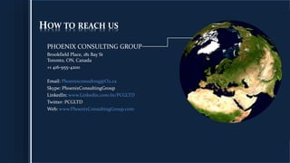 Click on the globe to start
PHOENIX CONSULTING GROUP
Brookfield Place, 181 Bay St
Toronto, ON, Canada
+1 416-955-4200
Email: Phoenixconsulting@O2.ca
Skype: PhoenixConsultingGroup
LinkedIn: www.Linkedin.com/in/PCGLTD
Twitter: PCGLTD
Web: www.PhoenixConsultingGroup.com
HOW TO REACH US
 