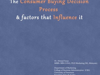 The Consumer Buying Decision
Process
& factors that Influence it
Dr. Ahmad Faraz
MBBS, MBA (USA), PGD Marketing (KL, Malaysia).
Department of Marketing
College of Business Administration (CBA)
University of Dammam
 