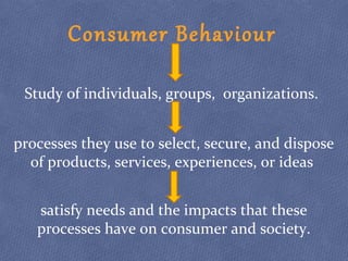 Consumer Behaviour
Study of individuals, groups, organizations.
processes they use to select, secure, and dispose
of products, services, experiences, or ideas
satisfy needs and the impacts that these
processes have on consumer and society.
 