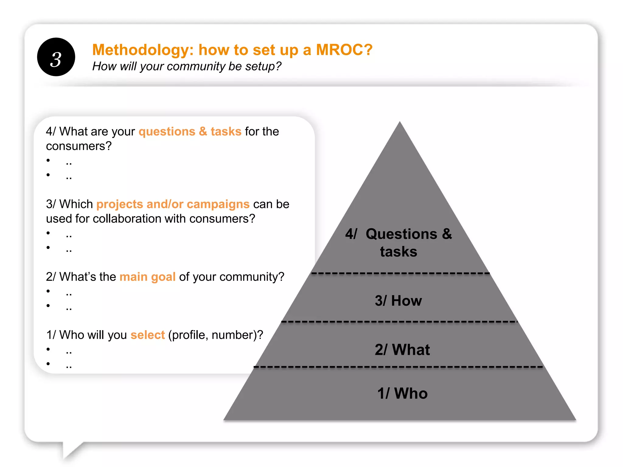 Methodology: how to set up a MROC?
3       How will your community be setup?




4/ What are your questions & tasks for the
consumers?
• ..
• ..

3/ Which projects and/or campaigns can be
used for collaboration with consumers?
• ..                                         4/ Questions &
• ..                                             tasks
2/ What’s the main goal of your community?
• ..
• ..                                            3/ How

1/ Who will you select (profile, number)?
• ..                                            2/ What
• ..

                                                 1/ Who
 