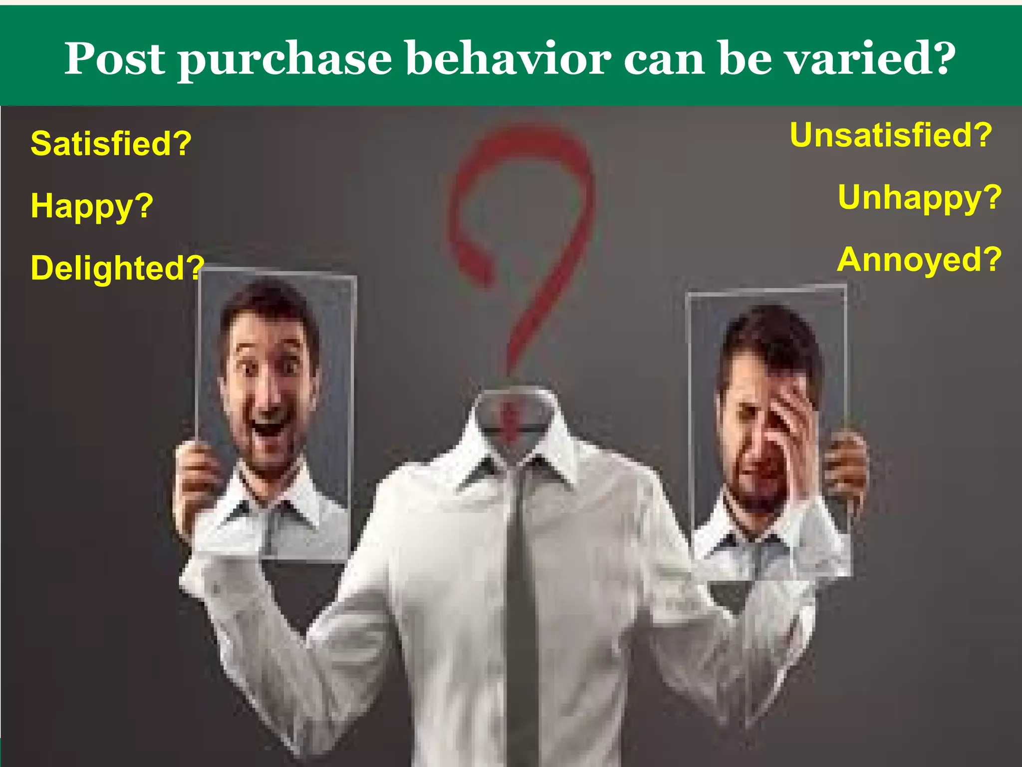 2015 - CONSUMER BEHAVIOR DR. AHMAD FARAZ – CBA - UOD
Post purchase behavior can be varied?
Satisfied?
Happy?
Delighted?
Unsatisfied?
Unhappy?
Annoyed?
 