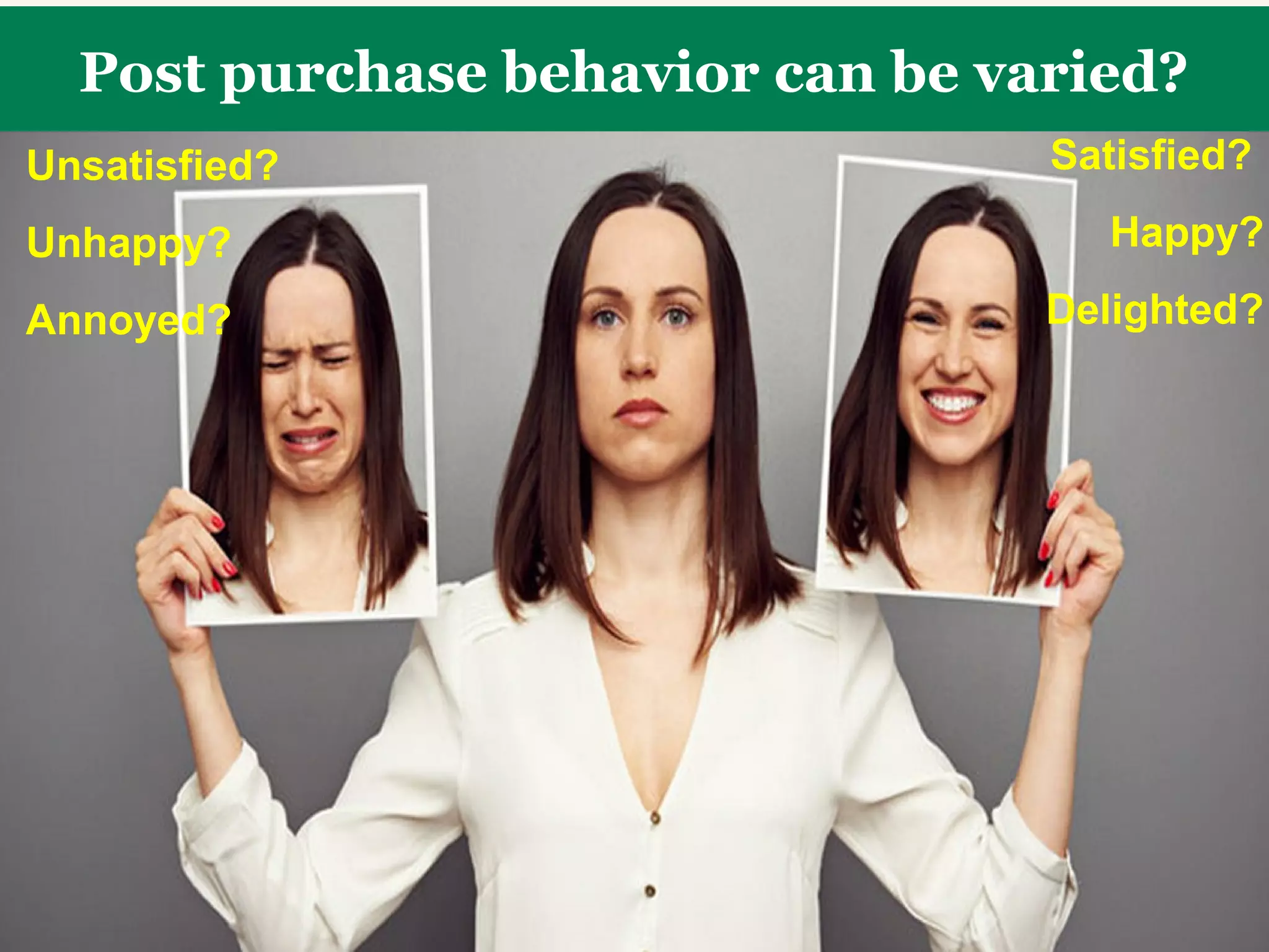 2015 - CONSUMER BEHAVIOR DR. AHMAD FARAZ – CBA - UOD
Satisfied?
Happy?
Delighted?
Unsatisfied?
Unhappy?
Annoyed?
Post purchase behavior can be varied?
 