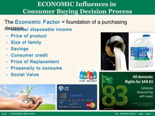2015 - CONSUMER BEHAVIOR DR. AHMAD FARAZ – CBA - UOD
ECONOMIC Influences in
Consumer Buying Decision Process
- Income/ disposable income
- Price of product
- Size of family
- Savings
- Consumer credit
- Price of Replacement
- Propensity to consume
- Social Value
The Economic Factor = foundation of a purchasing
decision.
 