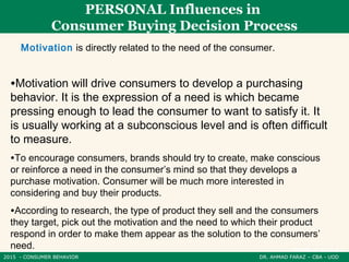 2015 - CONSUMER BEHAVIOR DR. AHMAD FARAZ – CBA - UOD
PERSONAL Influences in
Consumer Buying Decision Process
Motivation is directly related to the need of the consumer.
•Motivation will drive consumers to develop a purchasing
behavior. It is the expression of a need is which became
pressing enough to lead the consumer to want to satisfy it. It
is usually working at a subconscious level and is often difficult
to measure.
•To encourage consumers, brands should try to create, make conscious
or reinforce a need in the consumer’s mind so that they develops a
purchase motivation. Consumer will be much more interested in
considering and buy their products.
•According to research, the type of product they sell and the consumers
they target, pick out the motivation and the need to which their product
respond in order to make them appear as the solution to the consumers’
need.
 