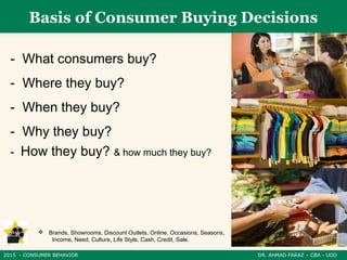 2015 - CONSUMER BEHAVIOR DR. AHMAD FARAZ – CBA - UOD
Basis of Consumer Buying Decisions
- What consumers buy?
- Where they buy?
- When they buy?
- Why they buy?
- How they buy? & how much they buy?
 Brands, Showrooms, Discount Outlets, Online, Occasions, Seasons,
Income, Need, Culture, Life Style, Cash, Credit, Sale.
 