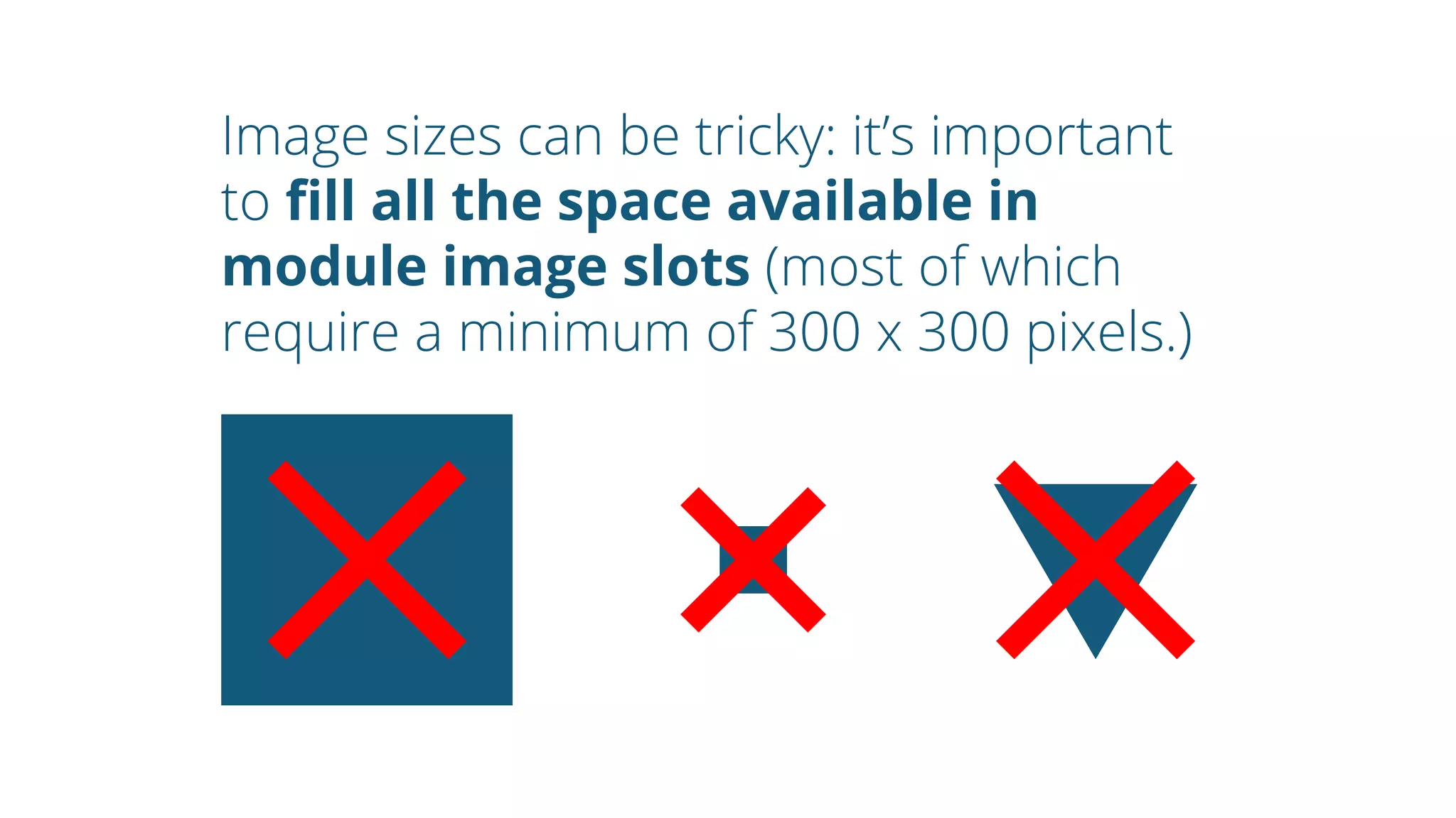 Image sizes can be tricky: it’s important
to fill all the space available in
module image slots (most of which
require a minimum of 300 x 300 pixels.)
 